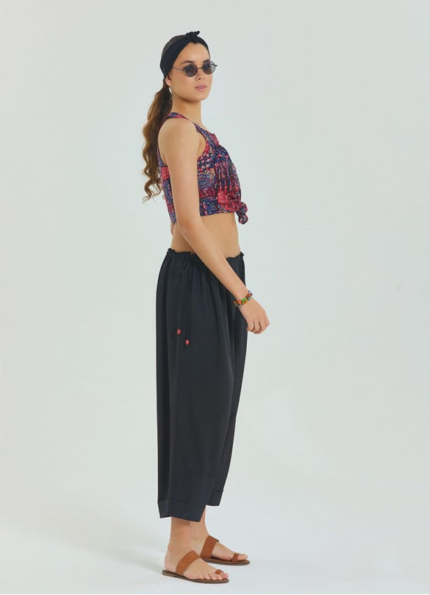 Adjustable Waist Black Women's Summer Trousers with Rope Detail 4583
